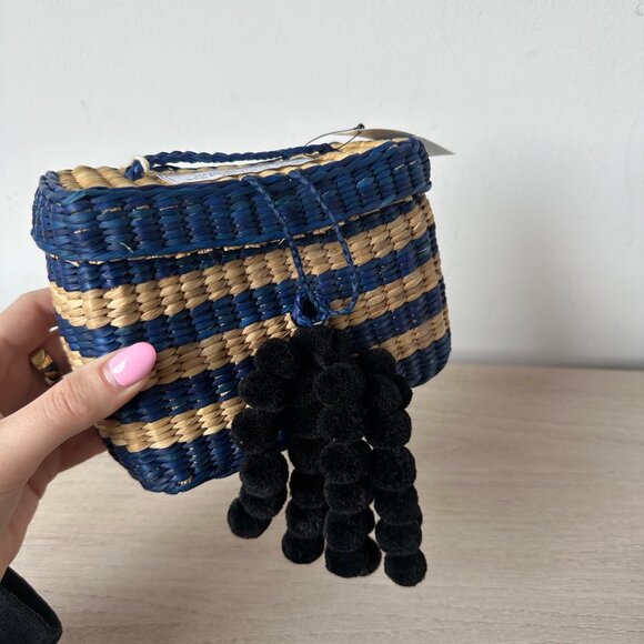 NWT Nannacay Baby Roge Striped Woven Raffia Tote Pompom-Embellished - Picture 4 of 13